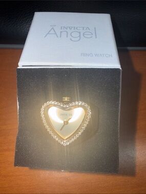 Invicta Gold Heart-Shaped Ring Watch with Crystal Halo